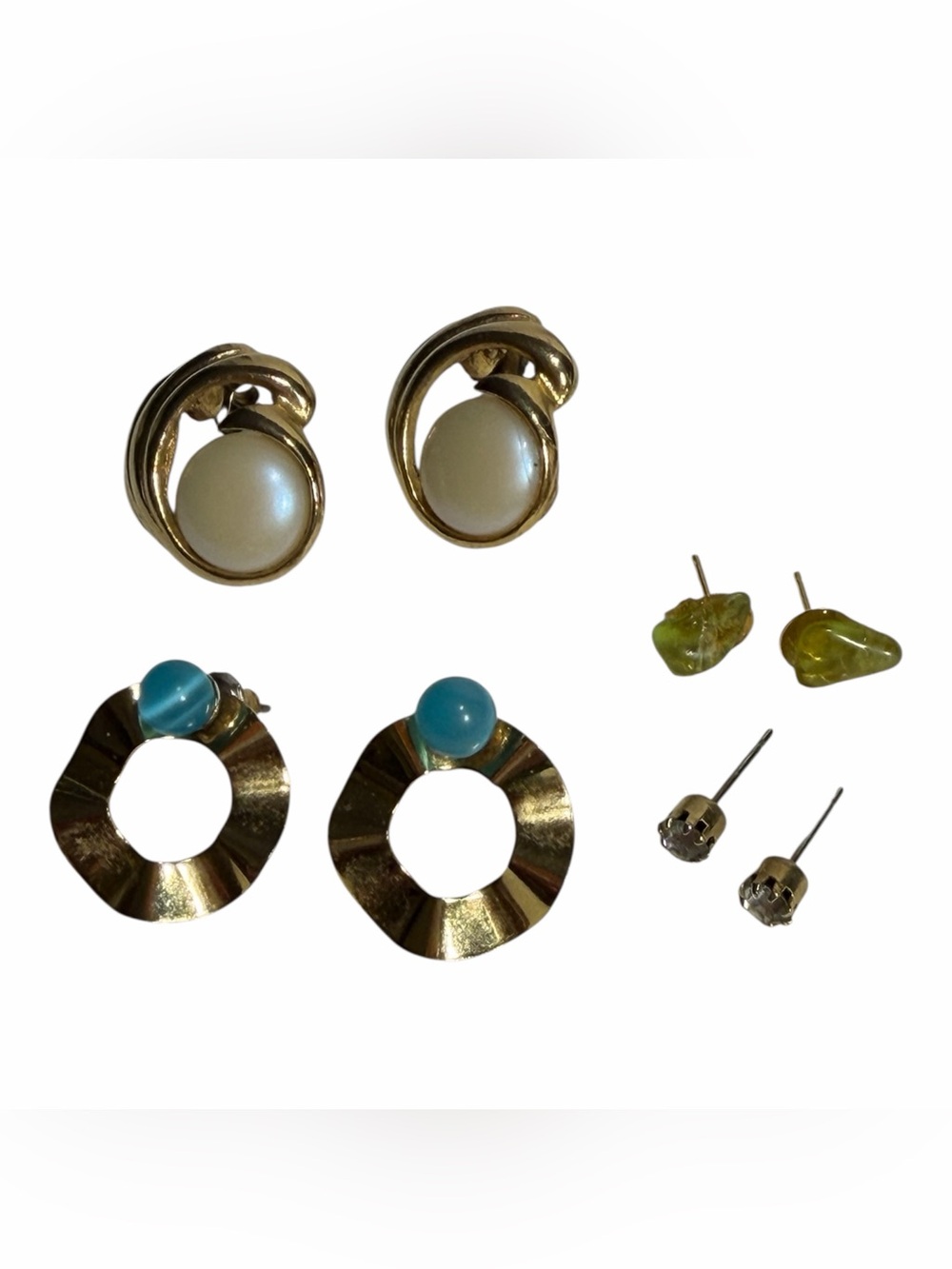 Faux Pearl & Interchangeable Hoops w Studs Clear Green Blue Gold Tone
